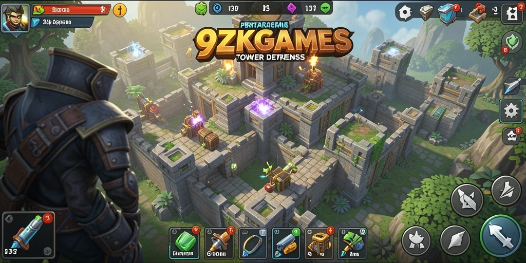 Gameplay menegangkan di 9ZKGAMES dengan berbagai menara dan musuh.