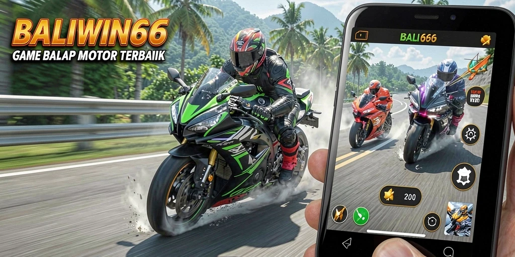 Tampilan gameplay BALIWIN66 dengan motor balap yang cepat dan trek menantang.