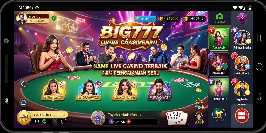 Tangkapan layar gameplay Live Casino menampilkan dealer langsung dan suasana kasino yang realistis.