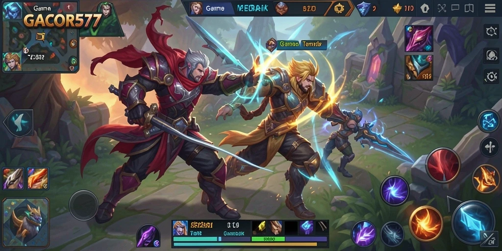 Screenshot utama GACOR577 menampilkan pertarungan epik dalam gameplay MOBA.