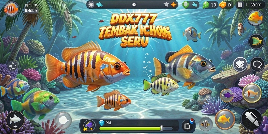 Tampilan gameplay IDX777 saat menangkap ikan di bawah laut.