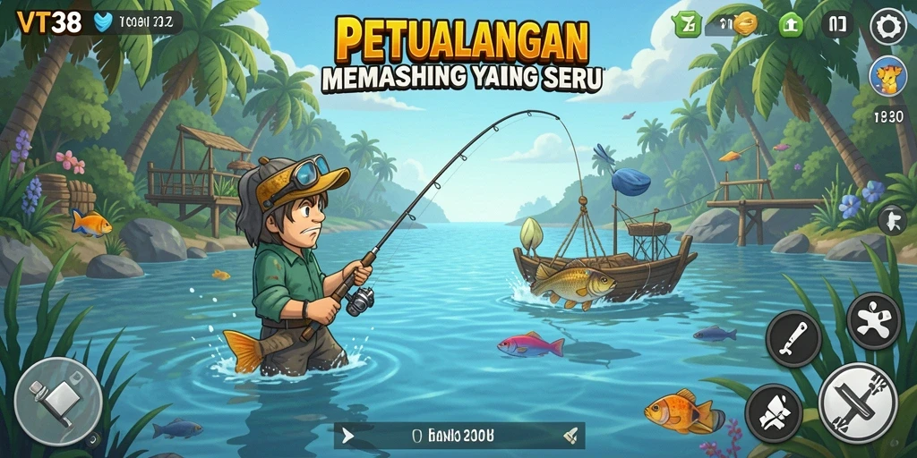 Tampilan menarik dari gameplay memancing di VT38 dengan ikan berlompatan.